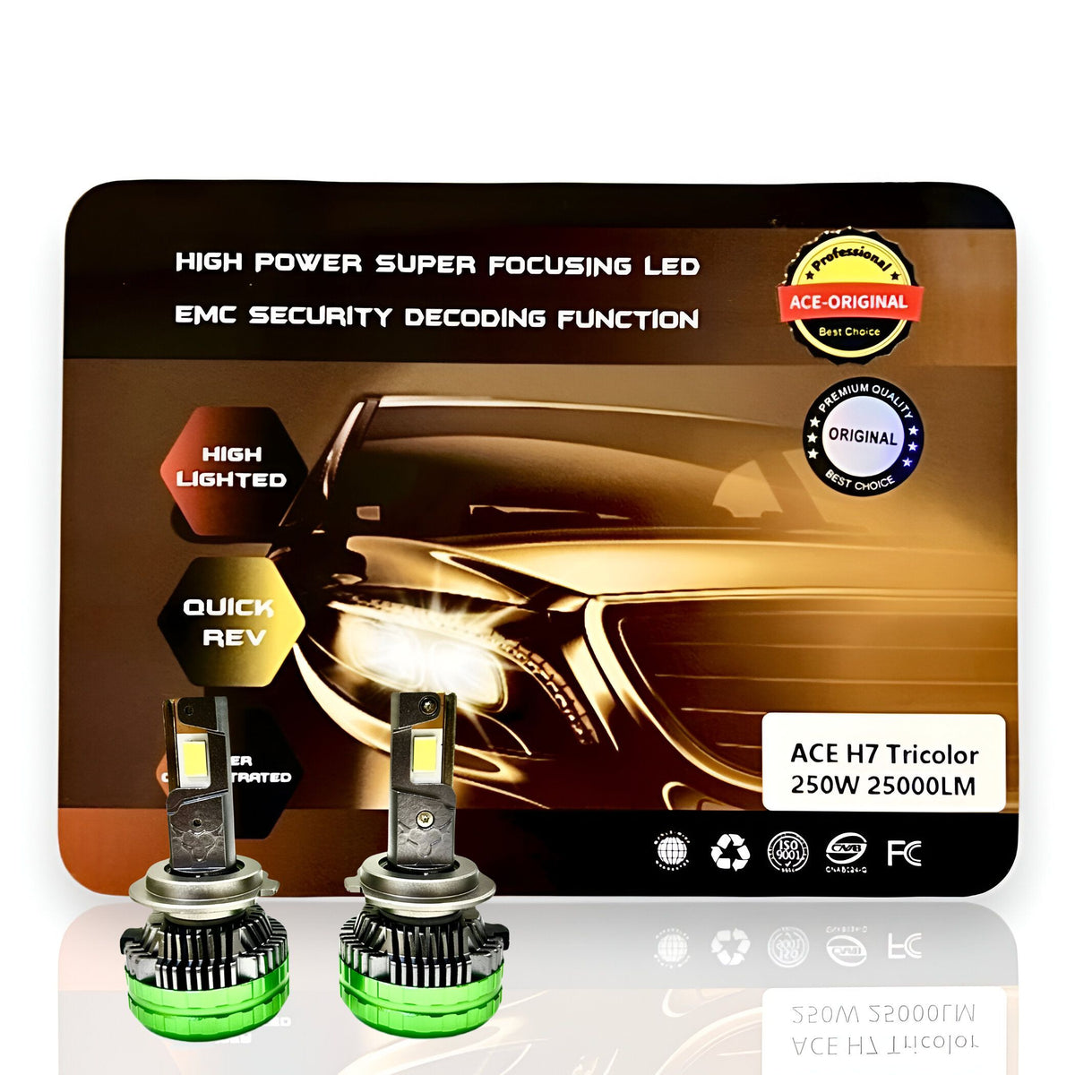 ACE H7/H18 Tricolor LED Headlight Bulb 250W (Set of 2 Bulbs)