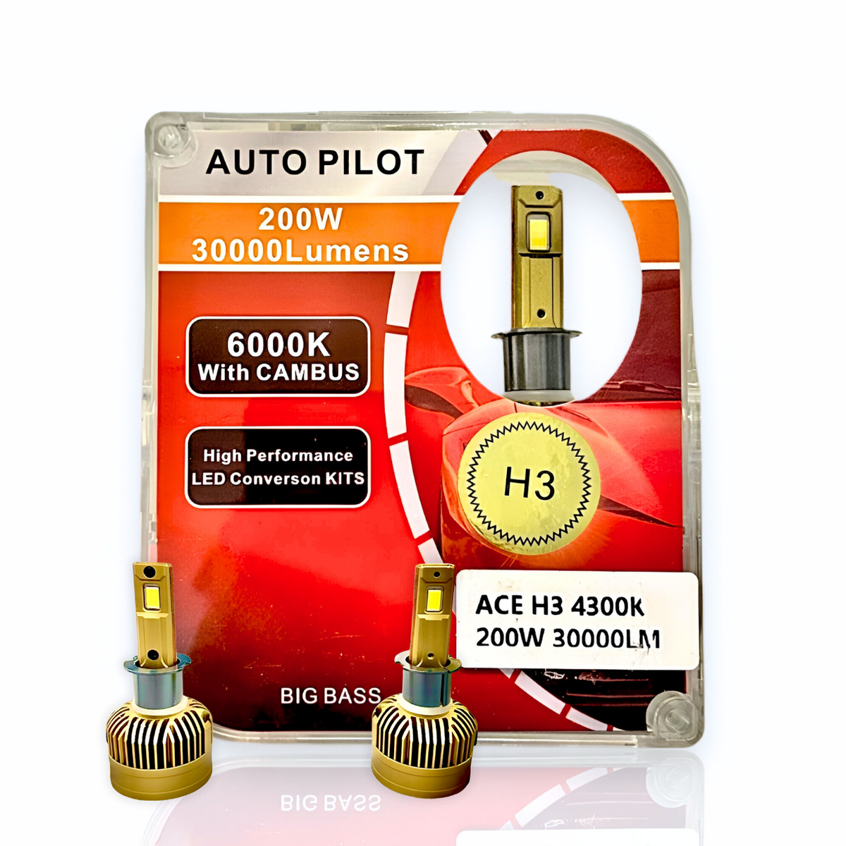 ACE AUTOS | H3 LED Headlight Bulb 4300K (Warm White), 200W (Set of 2 Bulbs)