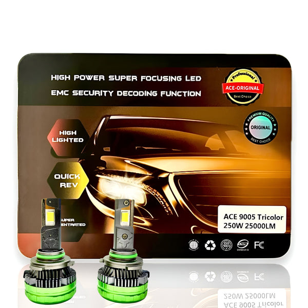 ACE AUTOS | 9005/HB3 Tricolor LED Headlight Bulb 250W (Set of 2 Bulbs)