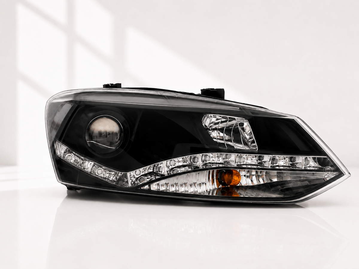 Volkswagen Polo headlight assembly, side angle detail