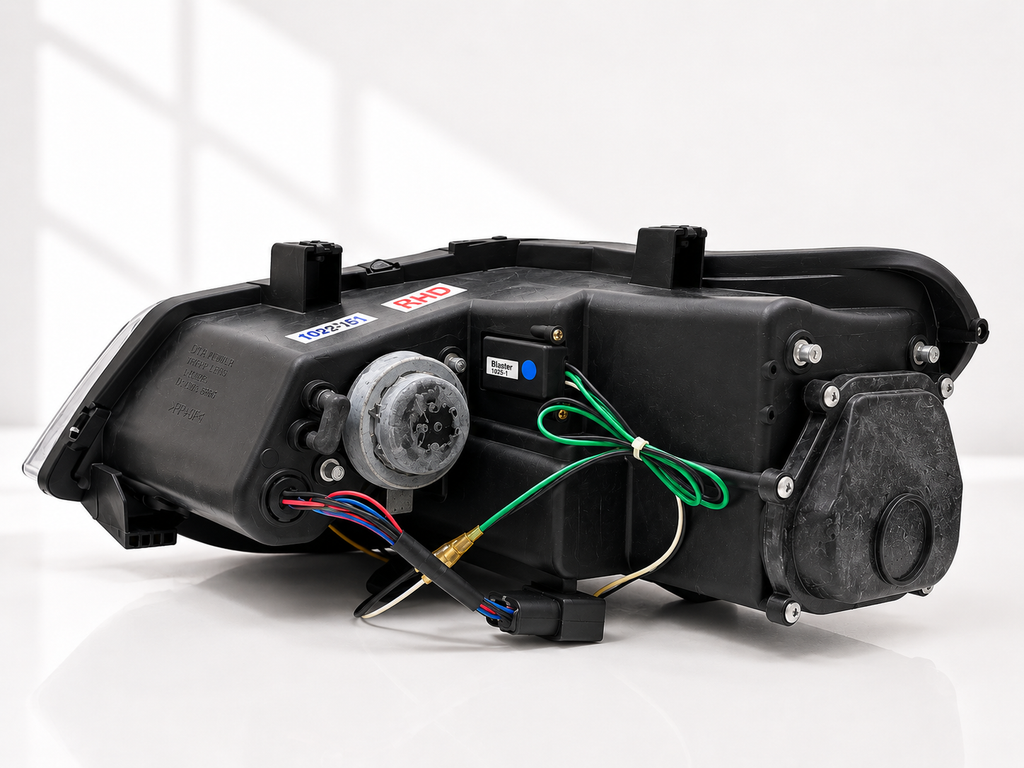 Volkswagen Polo headlight assembly rear view, RHD label detail